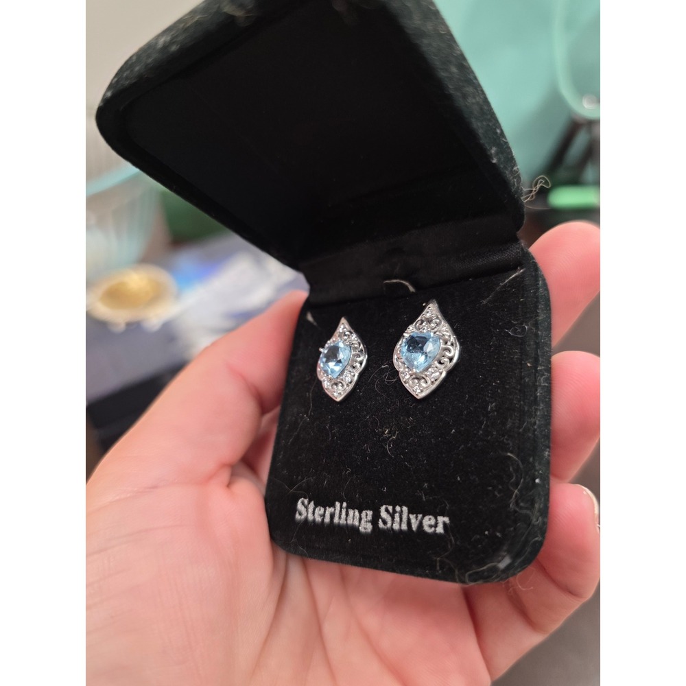 Sterling Silver Blue Topaz Heart Filigree Marquise Stud Earrings Vintage Style - Picture 5 of 16